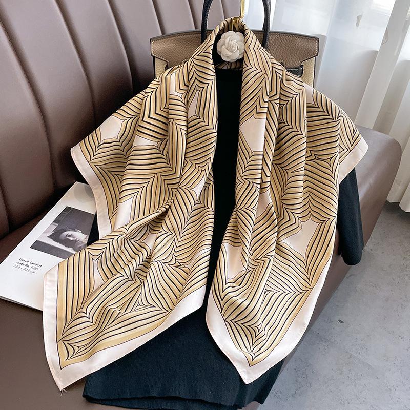 Luxury 90*90cm Square Women Silk Scarf Abstract Striped Print Design Hijabs Female Neckerchief Scarves Wrap Headband Bandana