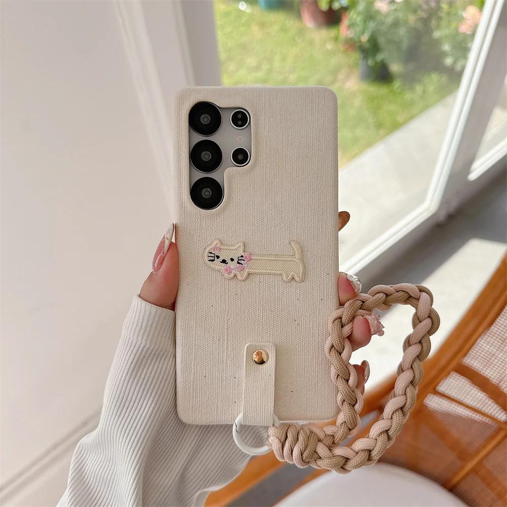 

Плетеный мультяшный противоударный чехол для телефона с ремешком на запястье для Samsung S25 S24 S23 Ultra Galaxy S25 S24 S23 Защитная крышка из ковбойской кожи Galaxy S25 белый