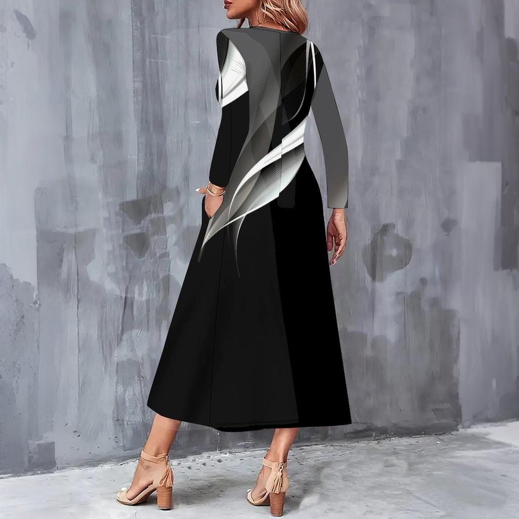 Women Plus Size V Neck Long Sleeve Black White Printed A Line Midi Dress With Pockets