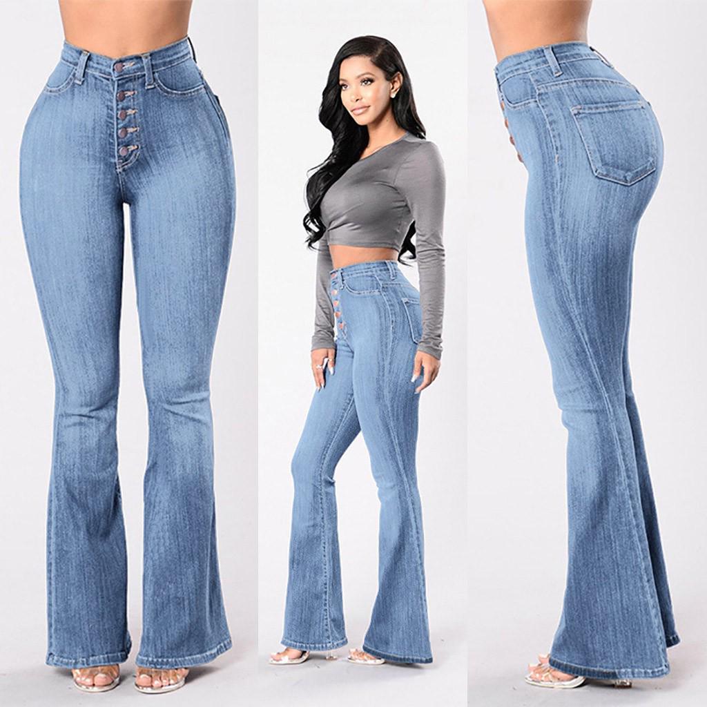 Women  Elastic Plus Loose Denim Pocket Button Casual Boot Cut Pant  Jeans