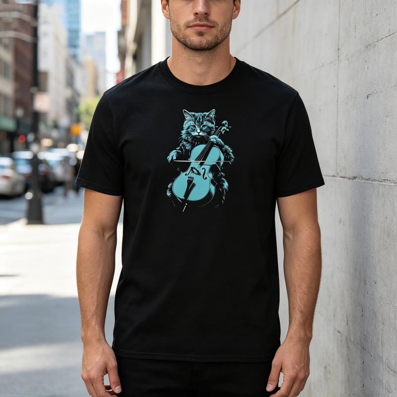 Vintage Cat Cello Unisex Cotton T Shirt Music Lover Streetwear Summer Casual Tops Y2k Top Harajuku Oversized Tee