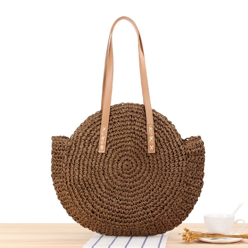 Women Boho Woven Handbag Summer Beach Tote Straw Bag Round Rattan Shoulder Bag