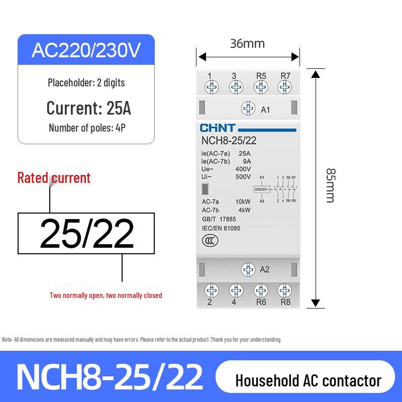 Chint NCH8-20/20 Silent AC Contactor, Single-Phase, 220V, 24V DIN Rail Mount
