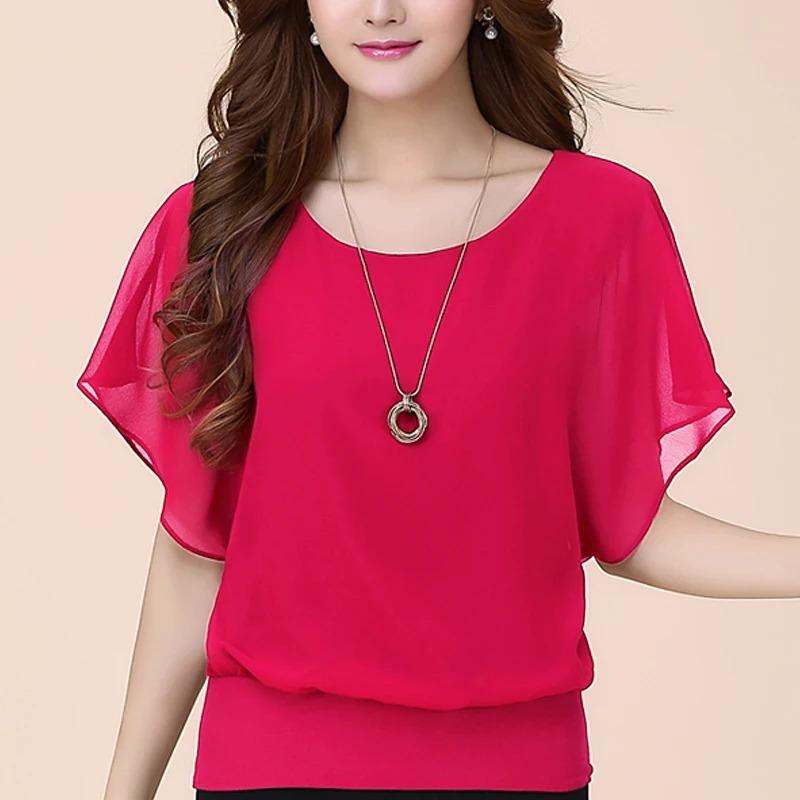 Summer Women Blouse Female Short Batwing Sleeve Oversized Loose O Neck Chiffon Shirt Office Lady Elegant Tees