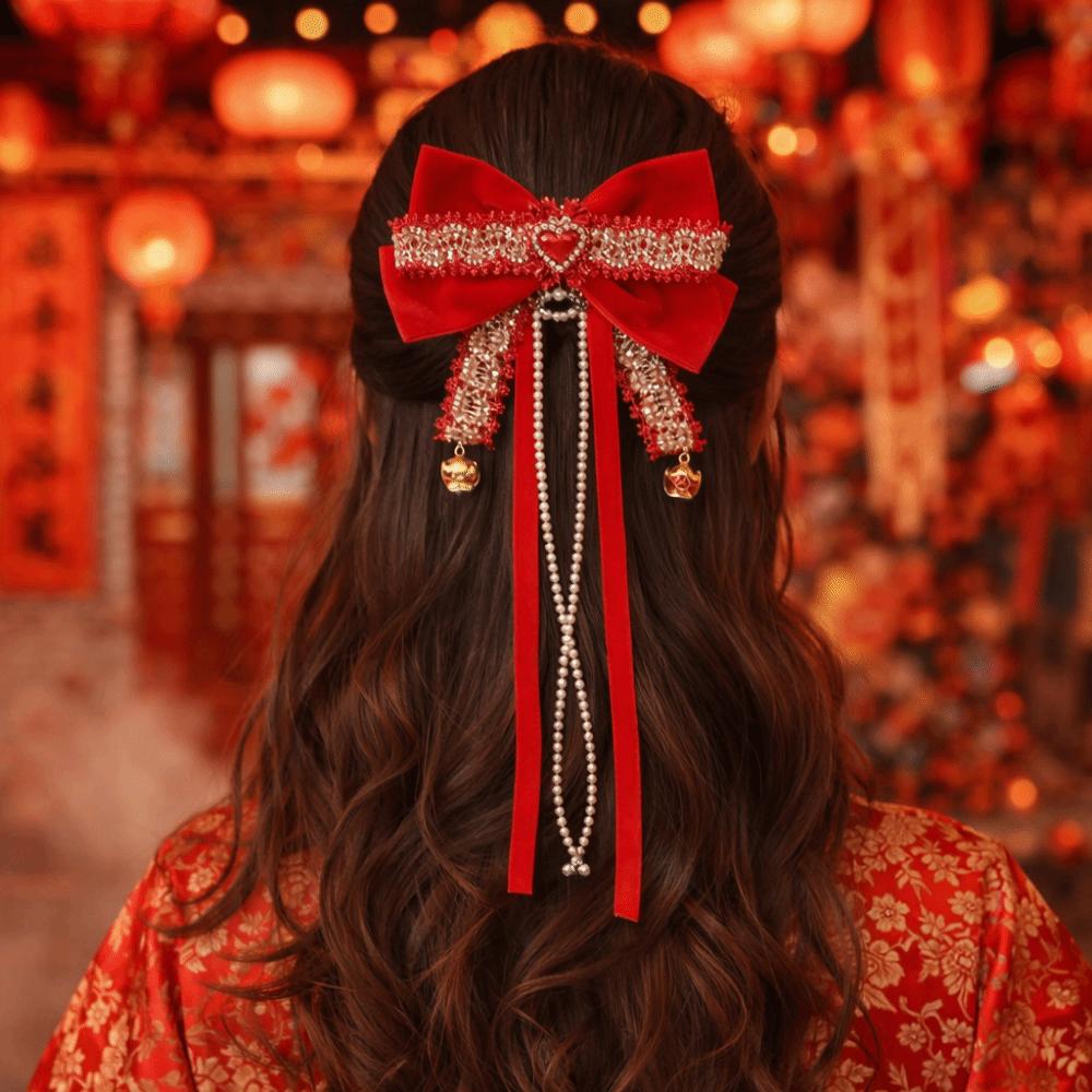 Cute Red Bow Ribbon Hair Clip Tassel Ribbon New Year Hairpin Plush Chienes Style Hanfu Hair Ornamen Braid