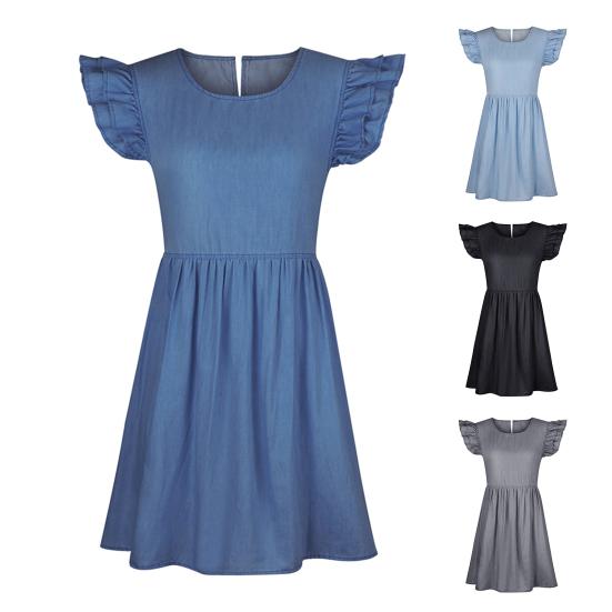 Mini Sukienka z Falbankowym Rękawem Jednolity Kolor Damska Luźna Sukienka Dżinsowa z Okrągłym Dekoltem