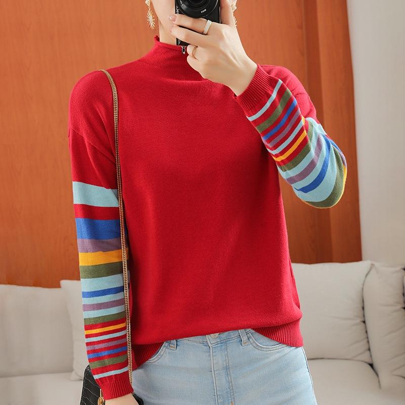 Half Turtleneck Striped Contrasting Cotton Thread Sweater Spring and Autumn Style Slim and Stylish Knitted Sweater Top