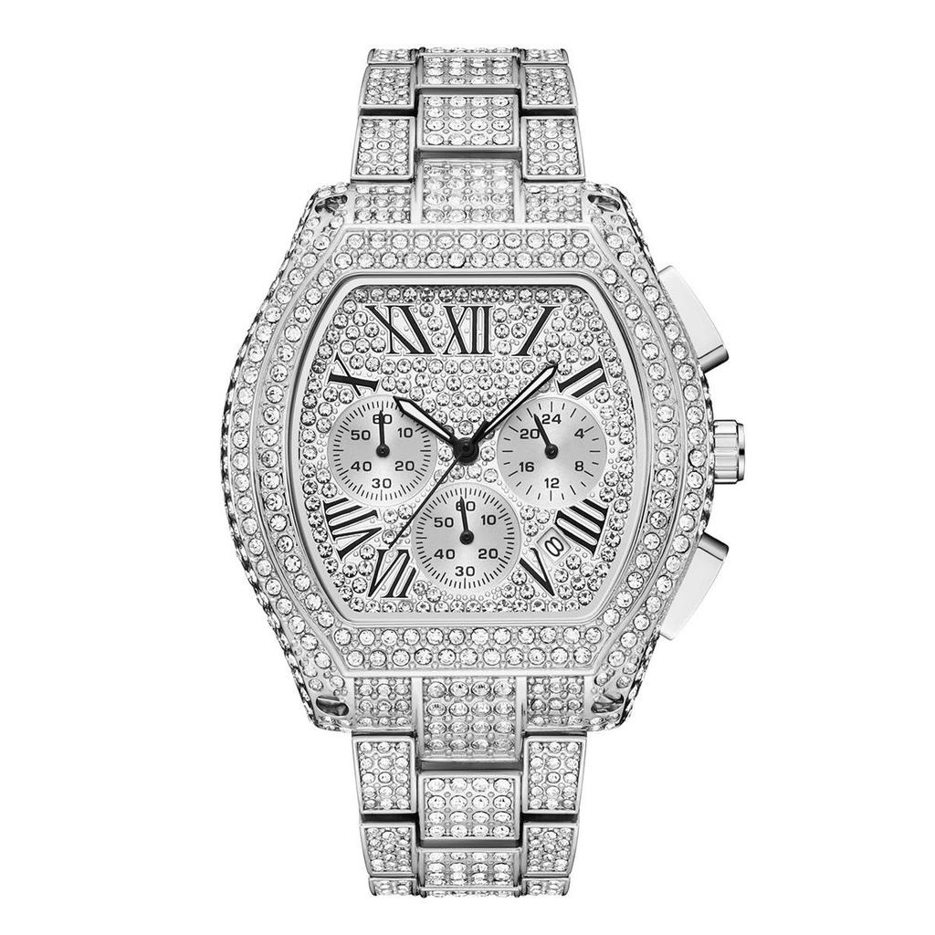 Hip Hop Iced Out Watch for Men Full Diamond Chronograph Quartz Wristwatch Stainless Steel Waterproof Luminous Tonneau Wristwatch