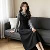 French Retro Splicing Fake Two-piece Dress Feeling Spring and Autumn New Waist and Thin Temperament Skirt