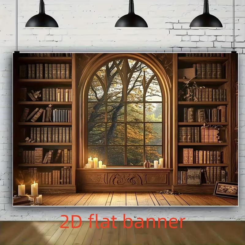 2D Gothic Library Window Backdrop, Vintage Bookshelf and Candle Background for Birthday & Events