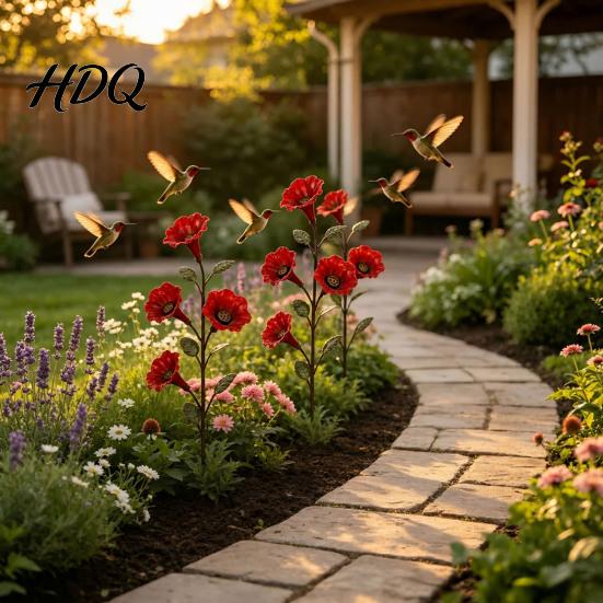 Decorative Garden Accent Red Flower Metal Bird Feeder Backyard Ground Stake Hummingbird Feeder Wildlife Watering Station
