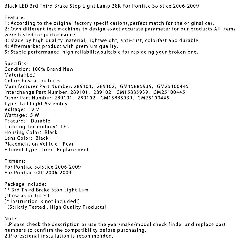 Black LED 3rd Third Brake Stop Light Lamp 28K For Pontiac Solstice 2006-2009