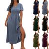 Women's Sexy V Neck Wrap Waist Maxi Dress A Line Side Slit Solid Color Casual Summer Long Dress Comfortable Sleeve Fashion