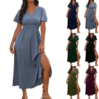 Women's Sexy V Neck Wrap Waist Maxi Dress A Line Side Slit Solid Color Casual Summer Long Dress Comfortable Sleeve Fashion