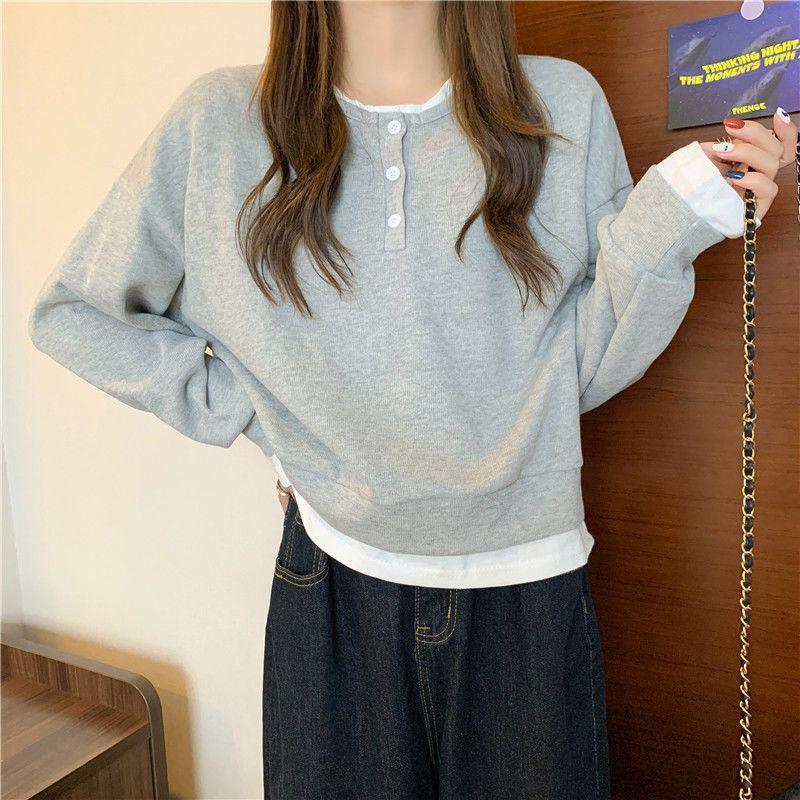 

Женский свитшот-двойка без капюшона, осень 2025, тонкий, свободного кроя, с длинным рукавом M серый