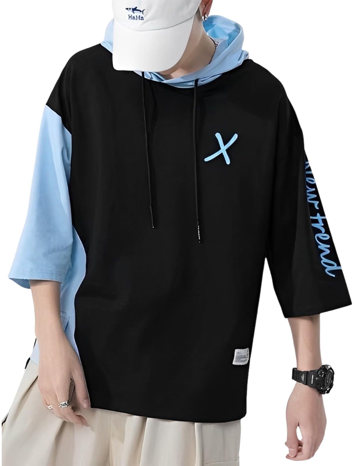 

Стильное худи с английским переключением, шорты скейтера, уличный, быстрый, многослойный, свободный, американский, светло-голубой, черный [Aspersio] узор, силуэт, рукава 3/4,