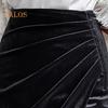 Women Midi Skirt High Waist Irregular Front Slit Design Golden Velvet Skirt Solid Color Design Leg-shaping Skirt
