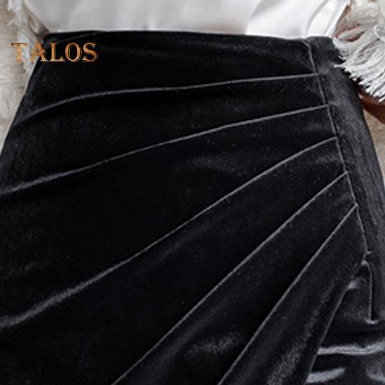 Women Midi Skirt High Waist Irregular Front Slit Design Golden Velvet Skirt Solid Color Design Leg-shaping Skirt
