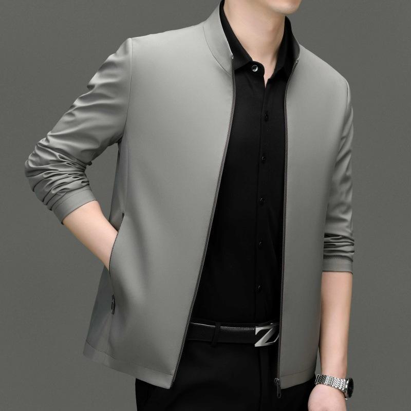 New Mulberry Silk Men's Jacket Spring and Autumn Business Casual Young and Middle-aged Stand Collar Thin Jacket Leader Dad Wear