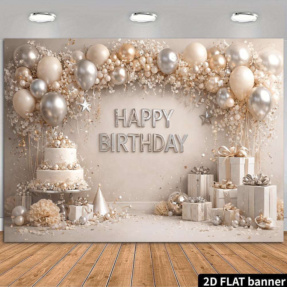 2D plane gold and silver balloons birthday party background fabric, champagne-colored balloon cake box, durable polyester