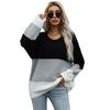 Vintage Fashion Elegant Casual Autumn and Winter Thin Section Loose Color Blocking Round Neck Pullover Knit Sweater Women