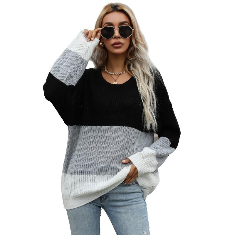 Vintage Fashion Elegant Casual Autumn and Winter Thin Section Loose Color Blocking Round Neck Pullover Knit Sweater Women
