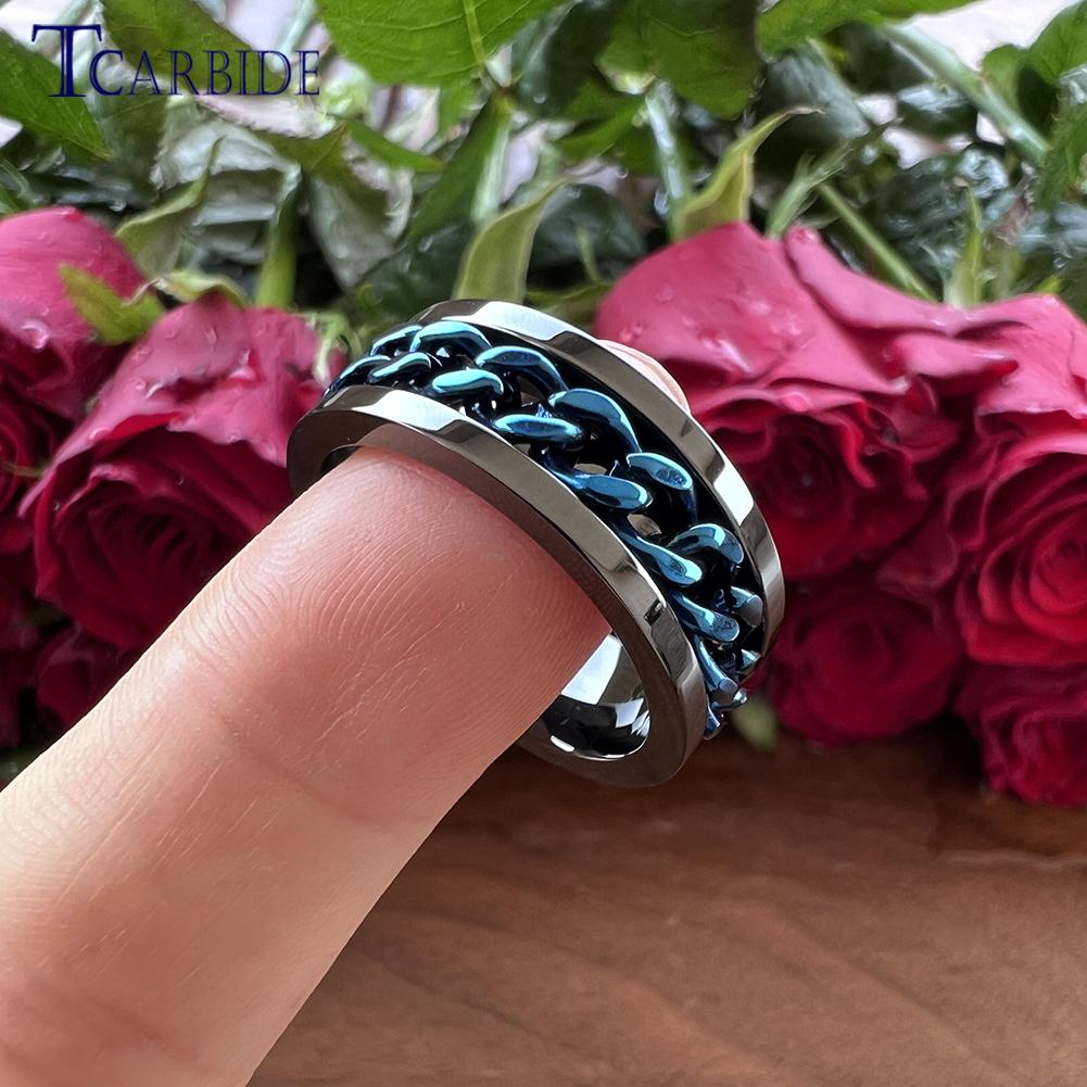 Dropshipping 8mm Black Blue Rotate Ring Men Women Fashion Stainless Steel Jewelry With Chain Inlay In Stock