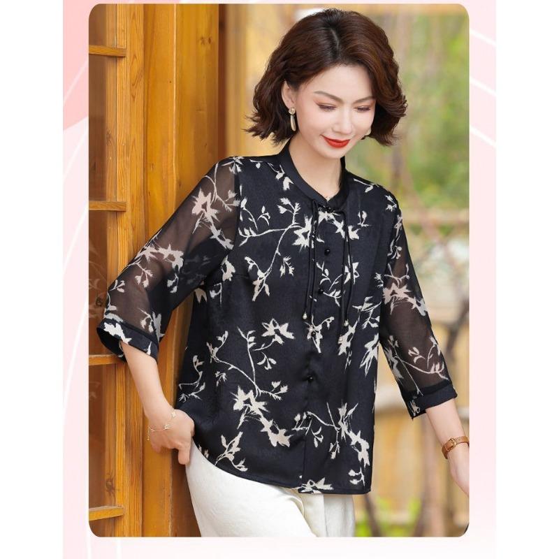 Women's Floral Print 3/4 Sleeve Blouse Stand Collar Casual Chiffon Top