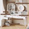Sminkebord med LED-spejl, type-C & USB-port og 2 stikkontakter, fleksibelt L-formet design med glasplade, hvid. 140 (justerbar) *40 *140 cm
