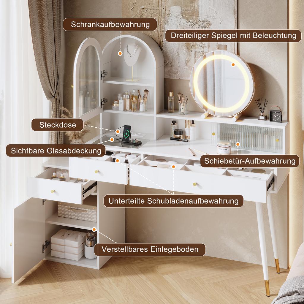 Sminkebord med LED-spejl, type-C & USB-port og 2 stikkontakter, fleksibelt L-formet design med glasplade, hvid. 140 (justerbar) *40 *140 cm