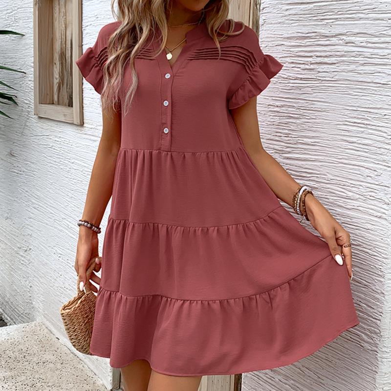 Summer Patchwork DressEuropean And American Stand-Up Collar Ruffled Loose Short Skirt S красное дерево