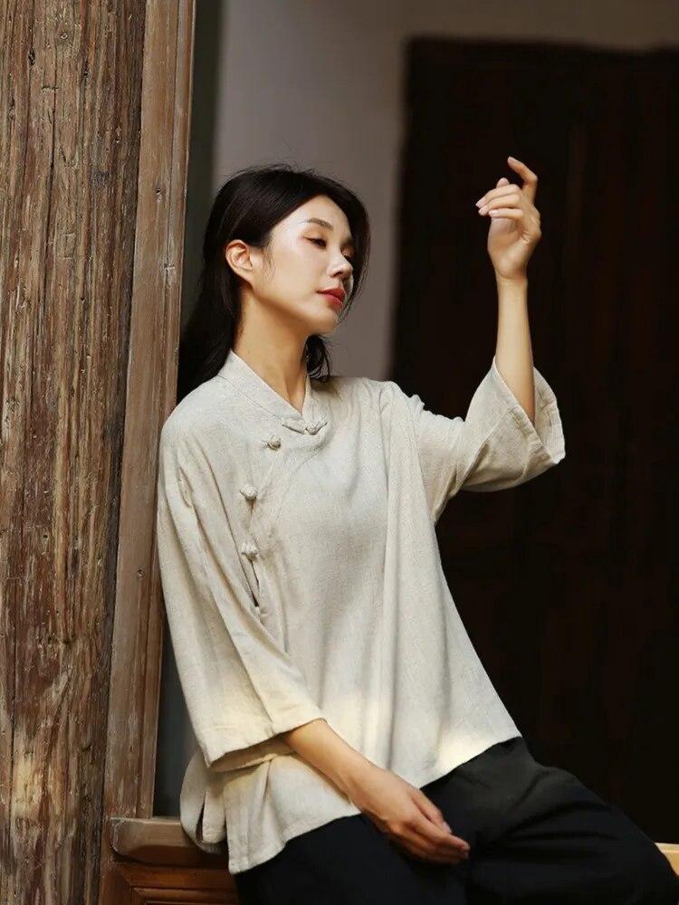 Johnature Jesienna kobieta, jednorzędowa, lniana koszula w stylu vintage z klamrą, modny kołnierzyk z długimi rękawami, luźna koszula na co dzień