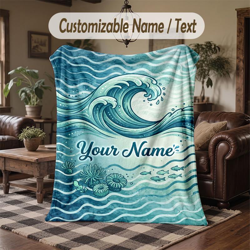 Ocean Waves Sun Theme Throw Blanket Custom Name Text Personalized Blanket Soft Cozy Blanket for Home Sofa Bed