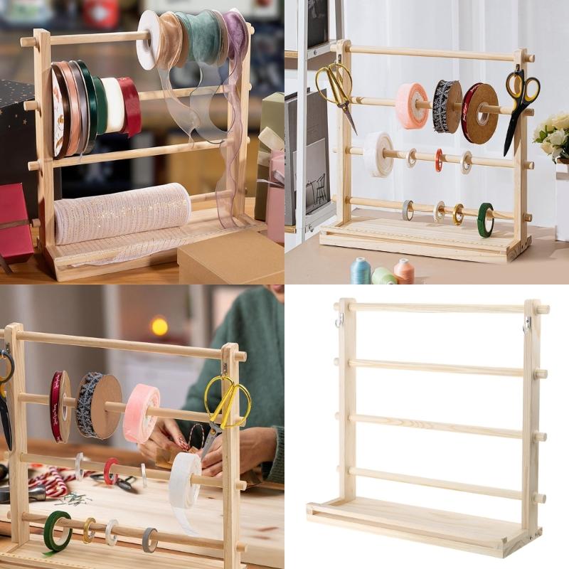 4 Tiered Wood Ribbon Holder with Hanging Hook Wood Scale Ruler Storage Ribbon Spool Holder Sewing Supply Organizers