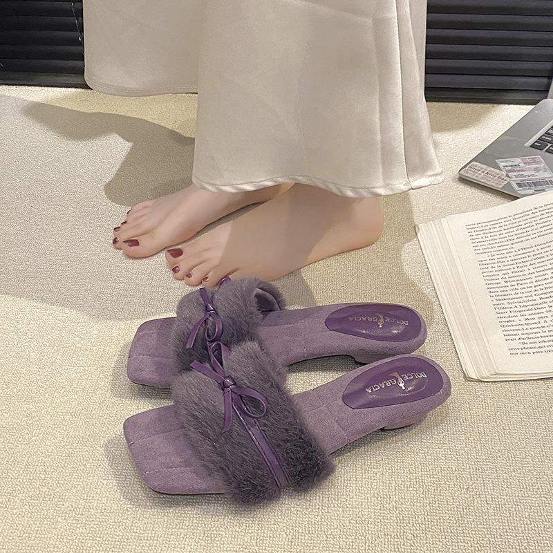 Gentle Evening Wind 2025 Autumn and Winter New One-Foot Mao Mao Shoes Women Wear Bow Square Head Slope Heel One-Word Slippers