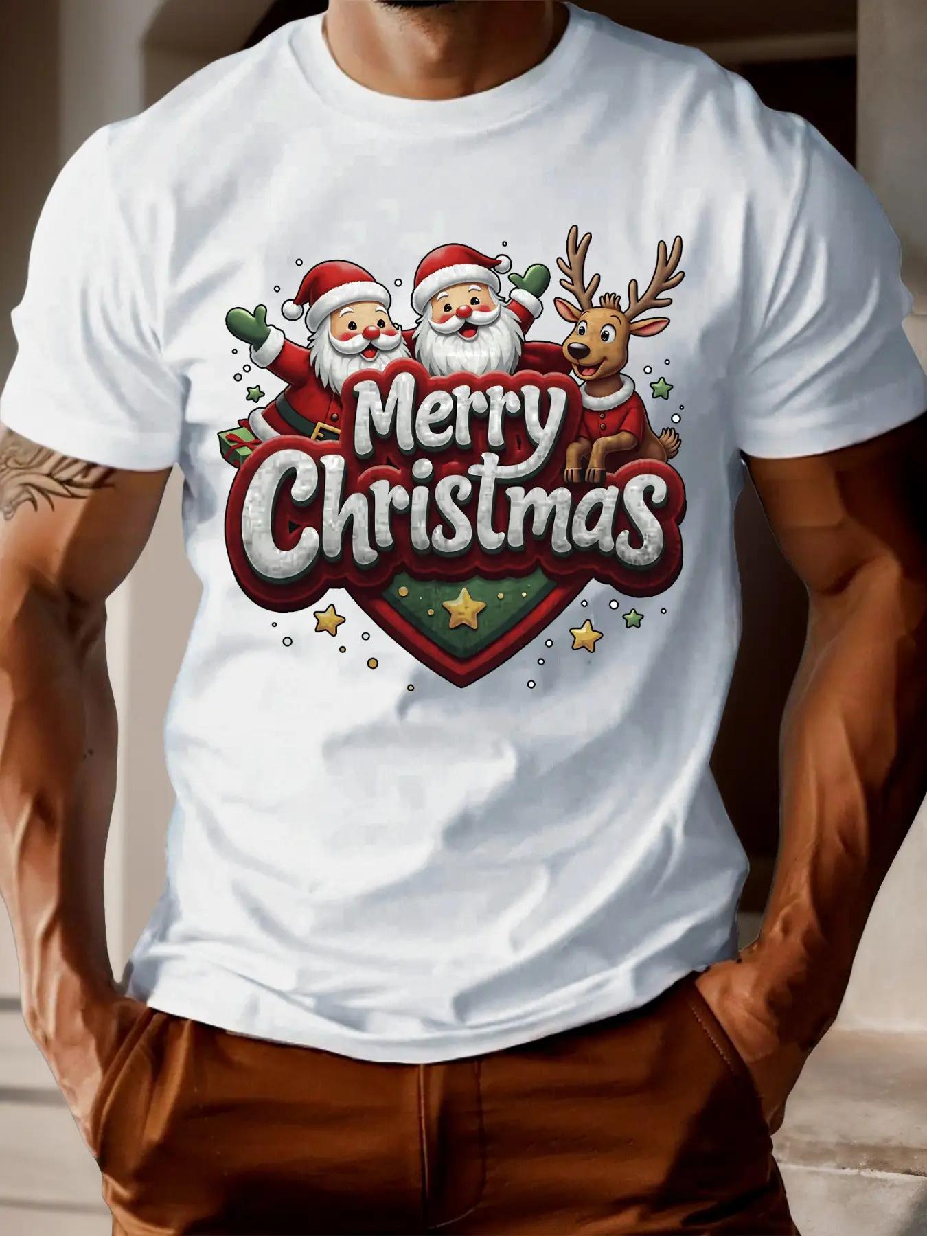 Men S Merry Christmas Pattern T-Shirt - Santa Claus And Reindeer Holiday Design M
