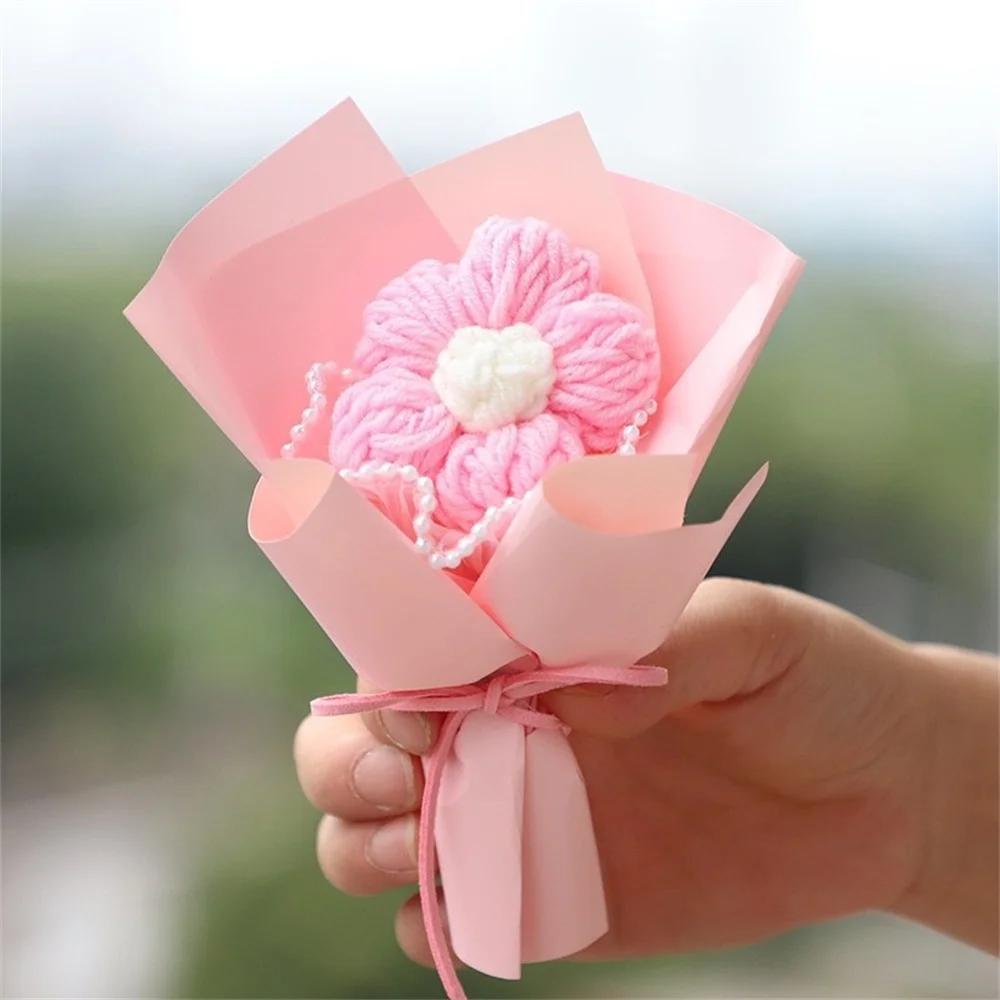 Single Woolen Knitted Flower Bouquets Rose Puff Sunflower Crochet Fake Flowers Small Home Decor Valentine's Day Gifts