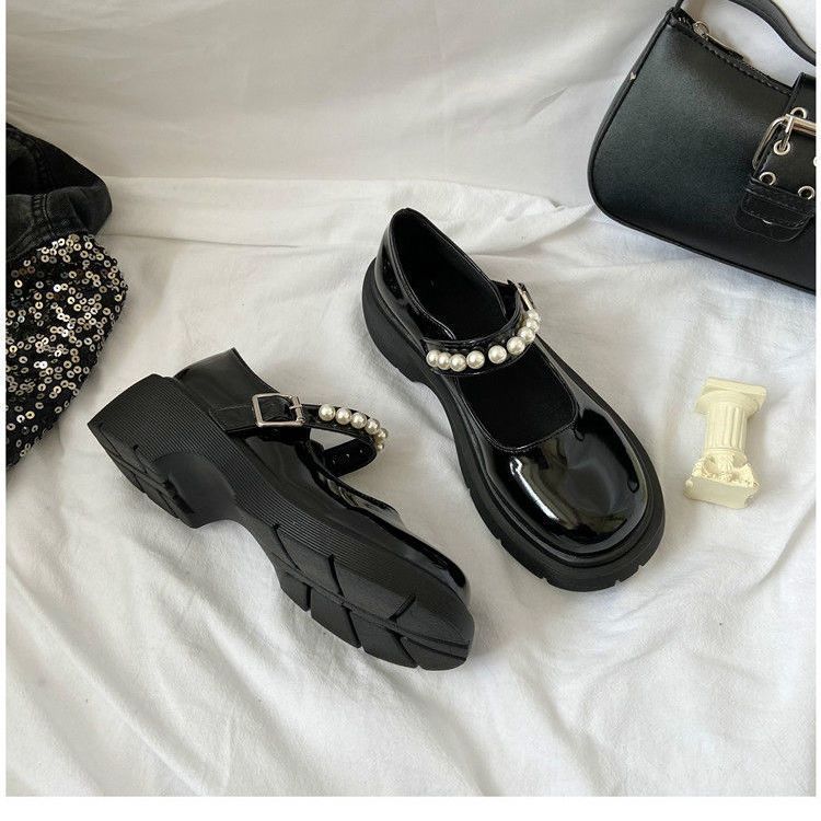 French retro British style small leather shoes women's spring new pearl fairy word with platform Mary Jane single shoes
