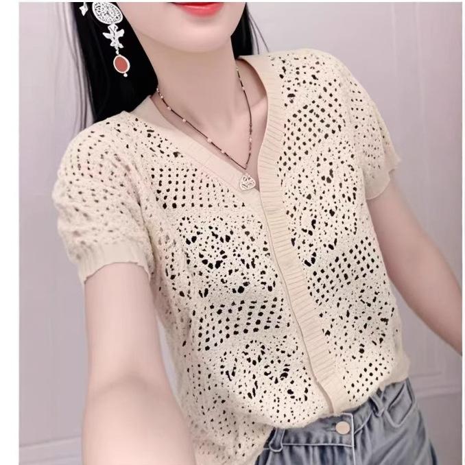 Short-sleeved Ice Silk Knitted Cardigan T-shirt Women's Summer New Thin Design Thin Hollow Blouse Top