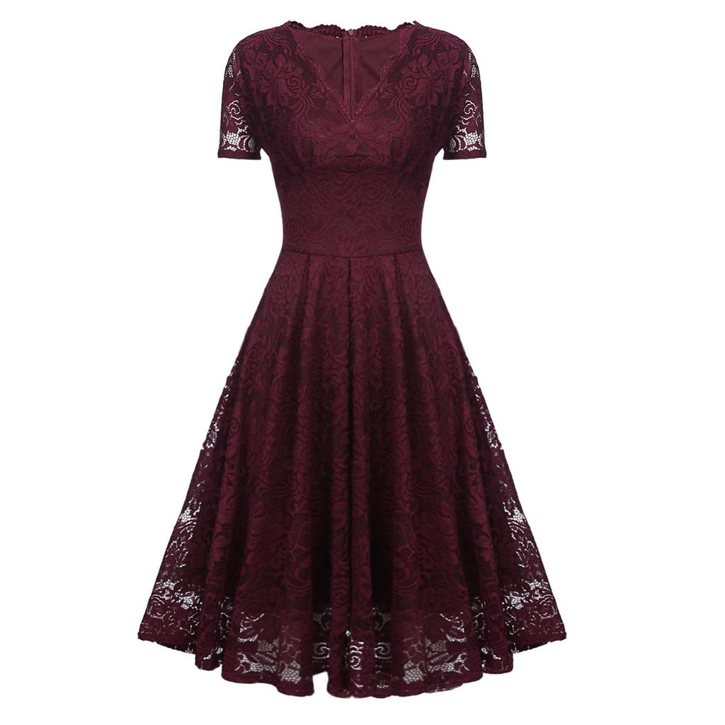 Bright Deer Women's Lace Cocktail Dress V Neck Short Sleeve Fitted Waist Midi Prom Bridesmaid Wedding Guest Party Evening Occasion Outfit