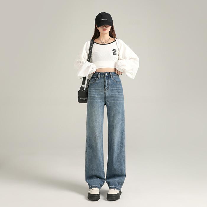 

Прямые брюки для женщин Весенние свободные узкие джинсы с широкими штанинами для женщин Весенние джинсы с высокой талией и широкими штанинами для женщин 2XL