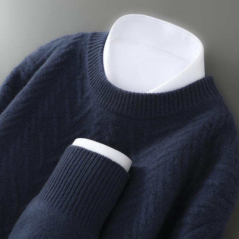 Men s Wool Basketweave Jacquard Sweater - Autumn/Winter Round Neck Thick Casual Knit XXXL