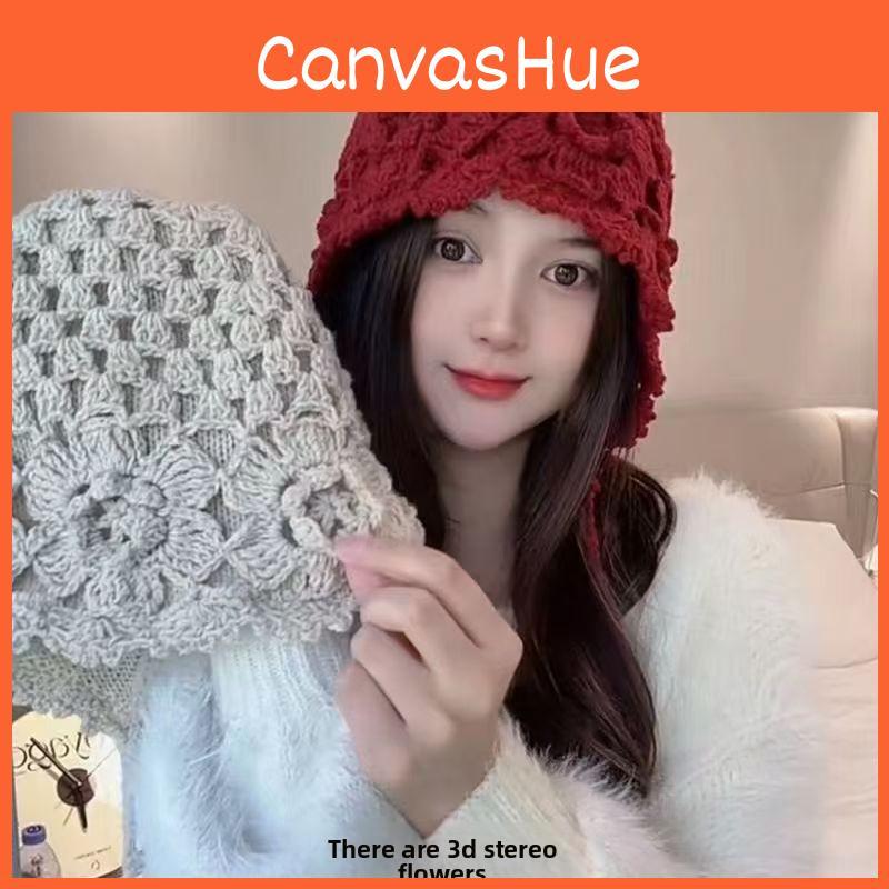 Plush Woollen Beanie With Flower Accents And Ear Guard For Women Perfect For Autumn And Spring