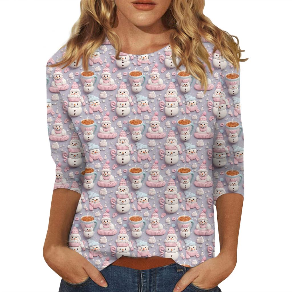 Women's Fashionable Casual Three-Quarter Sleeve Christmas Print Round Neck Top