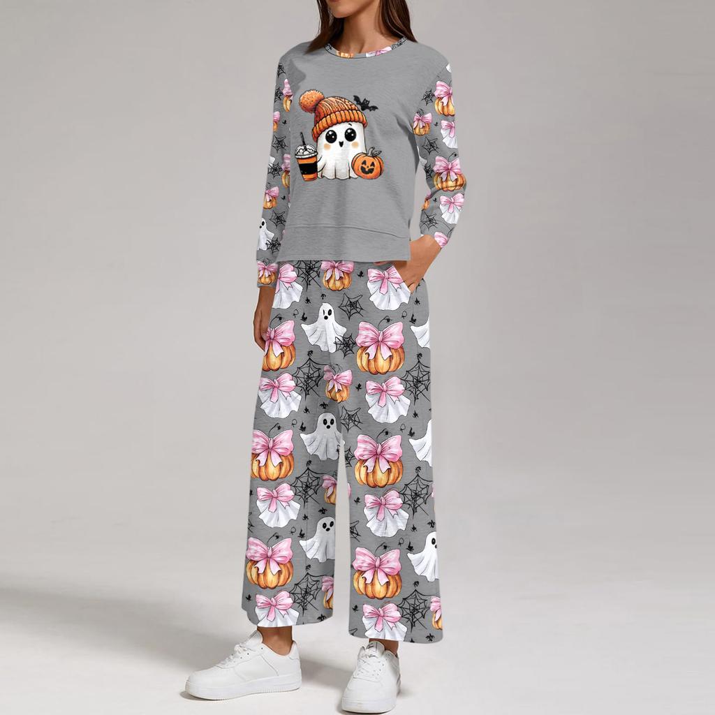 Women's Halloween Print Sweatshirt and Jogger Set, Crewneck Loose Fit with Side Slit Hem