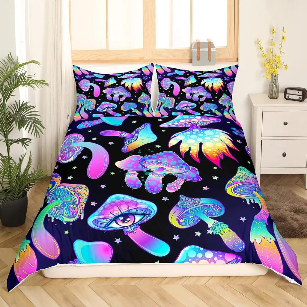 Blue Purple Beding Mushrom Soft Duvet Cover Set Fantasy Galaxy Sky Mushrom Design Psychedelic Young Boys Young Girls Gifts Bedrom Decoration