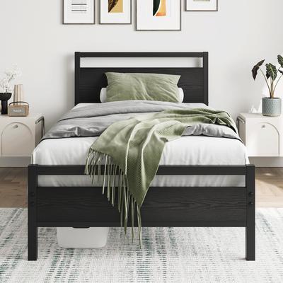 Bed Frame 90x200 Cm Made of Metal & Wood – Stable Single Bed with Slatted Frame & Storage, Guest Bed/Youth Bed