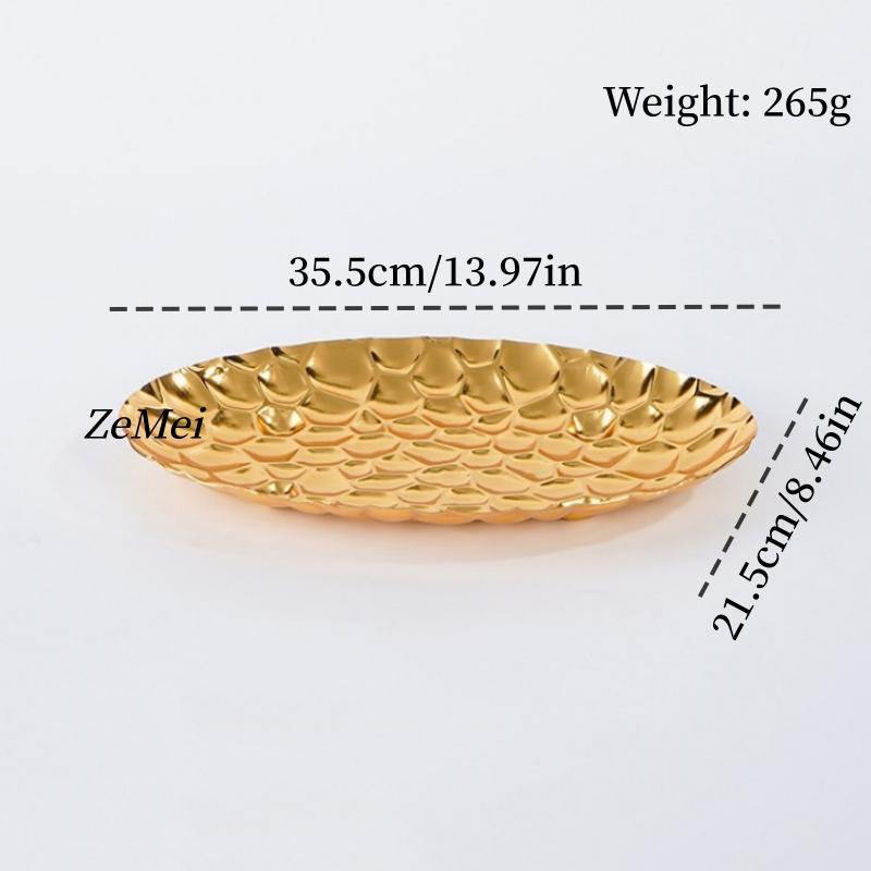 Elliptical Fruit Plate, European-Style Exquisitely Carved Hammer Texture Metal Cake Tray, Home Dessert Snack Plate Decoration