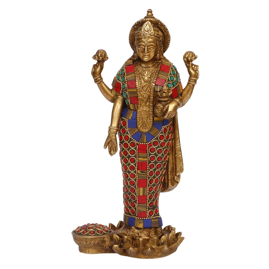 Goddess Maa Laxmi Idol, Brass Statue Standing In Lotus Lakshmi Mata, Multicolor