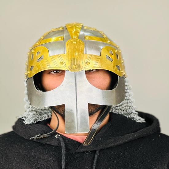 Viking Medieval Chainmail Helmet Steel and Brass Helmet Knight Chainmail Hand Forged LARP  Best Gift
